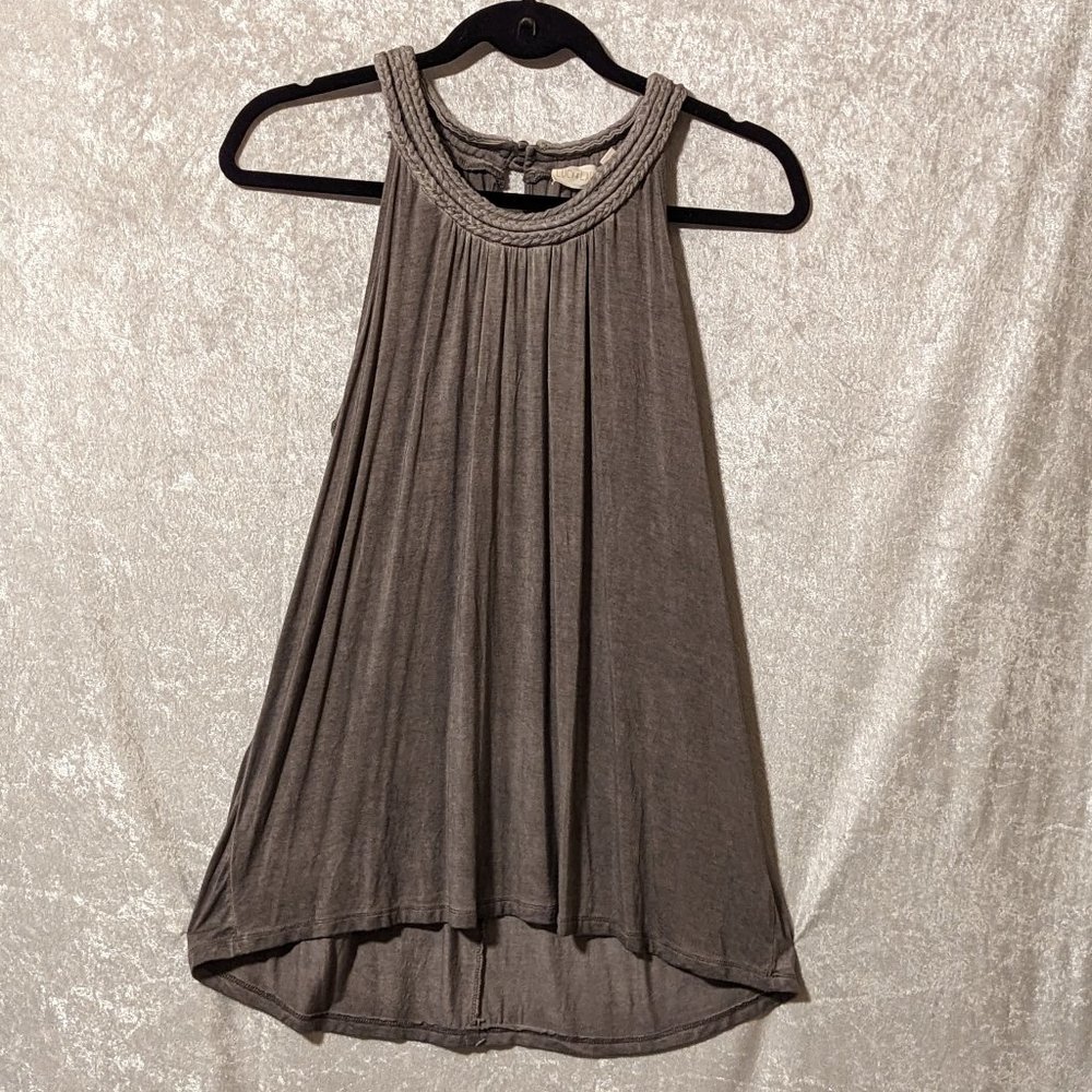 Lucy & Laurel Long Distressed Grey Tank with a Braided Neckline EUC